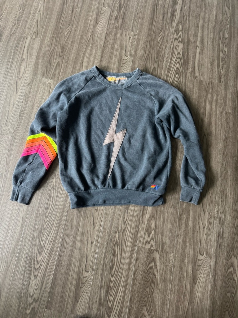 Rare Aviator Nation Charcoal Lightning Bolt Crewneck with Neon Rainbow Sleeve XS